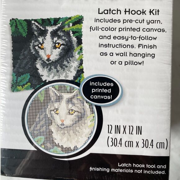 Cat Latch Hook Kit by Dimensions Kit 12" x 12" Wall Hanging/Pillow Kitty Cat - Picture 2 of 4